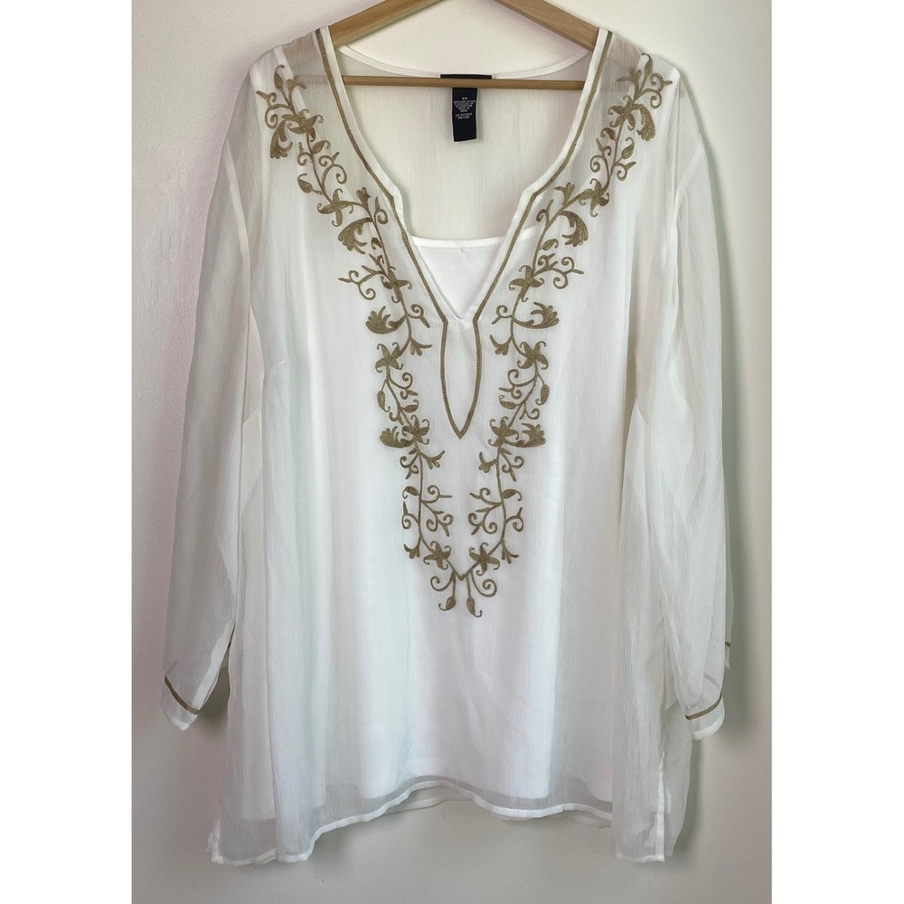 Catherines Tunic Top Womens 2X White Gold Embroidered Sheer Layered Boho